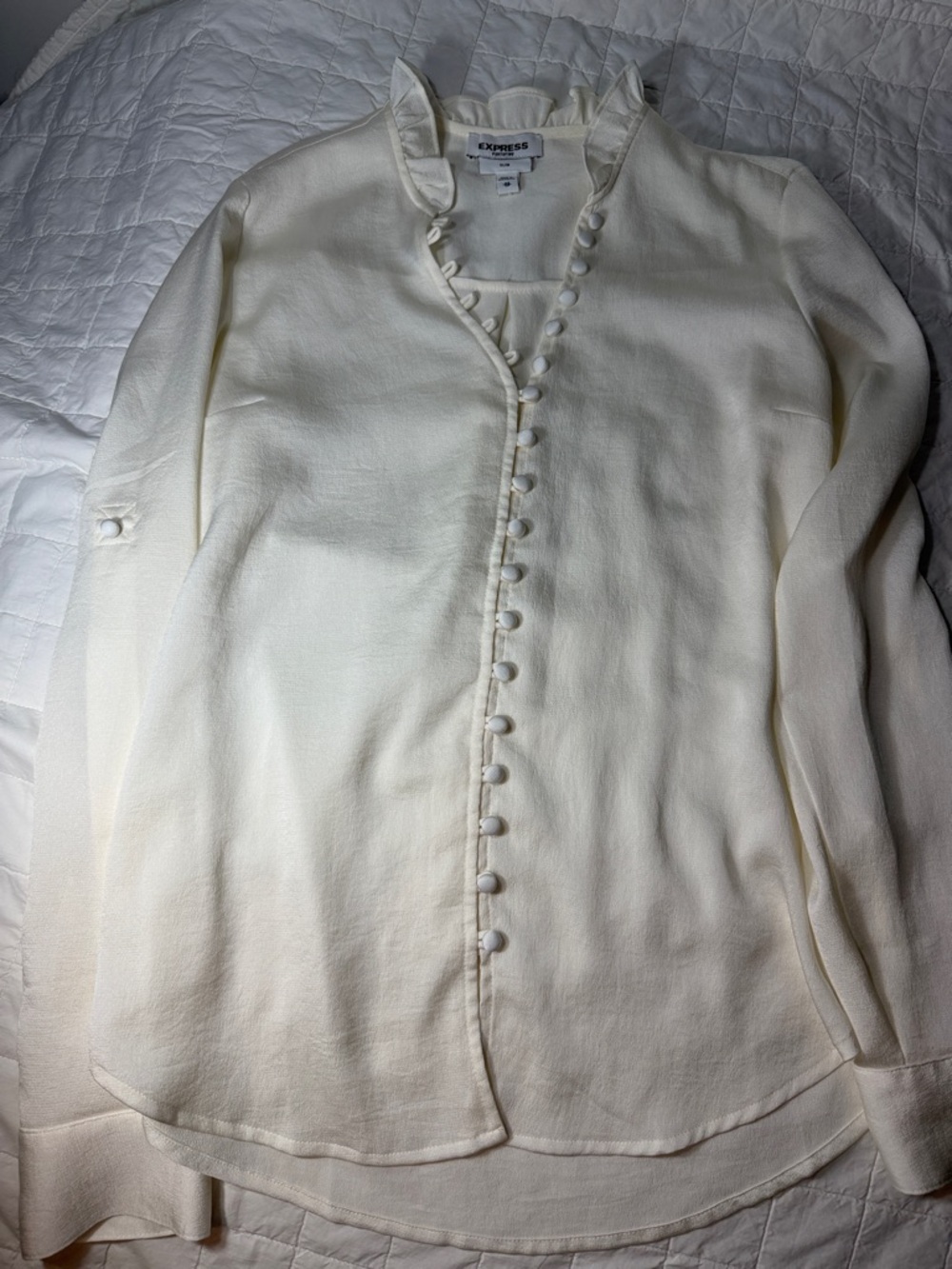Express Ivory Ruffle-Trim Button Front Poerofino Blouse